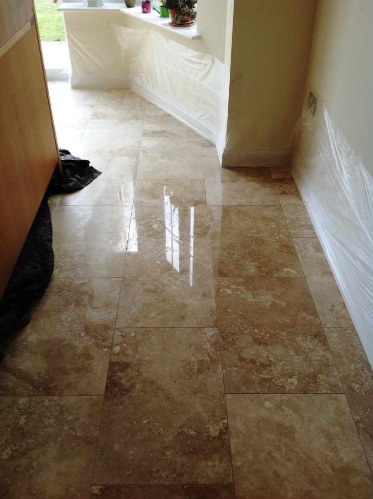 Travertine floor during honing and polishing Polegate
