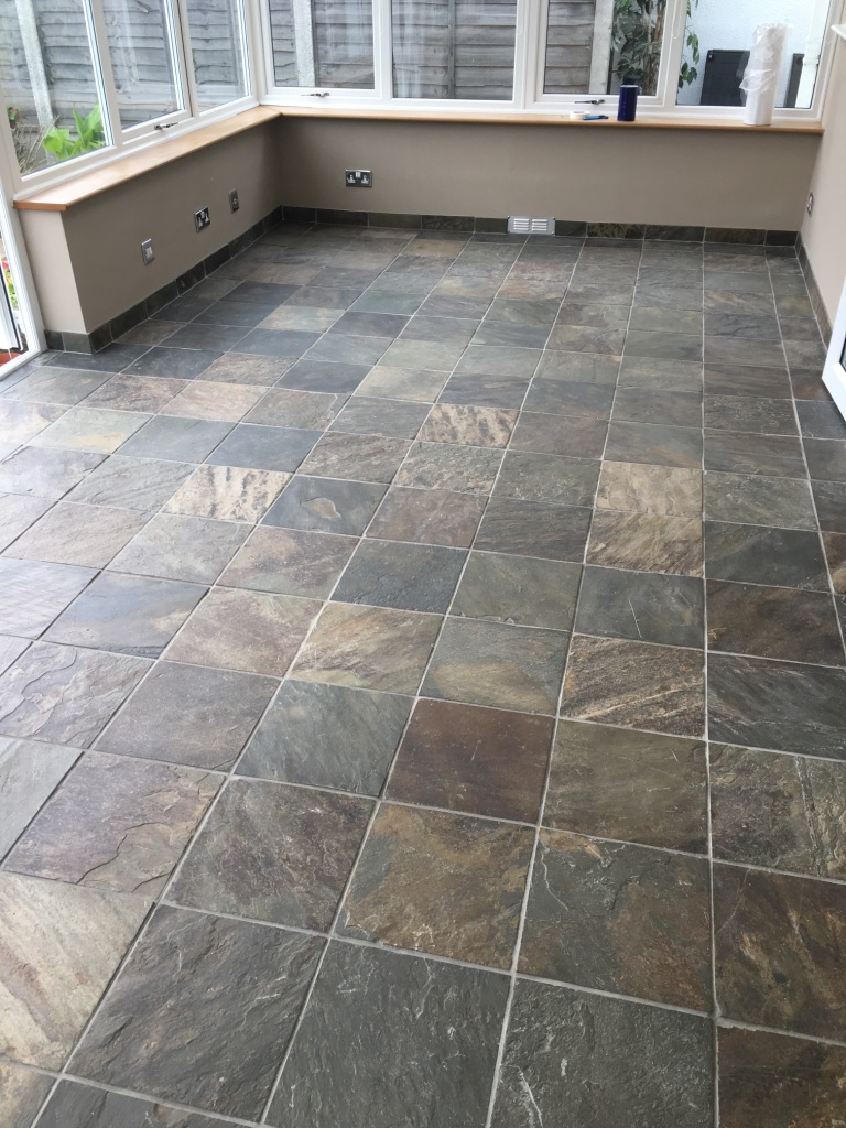 Coloured Slate Tiled Floor Before Cleaning Eastbourne